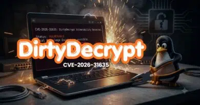 Laptop with sparks and a 'DirtyDecrypt' logo; a penguin holds pliers beside the keyboard, signaling cybersecurity malware theme.
