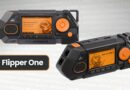 Two views of the Flipper One handheld console with orange circular controls, orange LCD screens, and a black rugged body labeled Flipper One.
