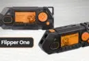 Two views of the Flipper One handheld console with orange circular controls, orange LCD screens, and a black rugged body labeled Flipper One.