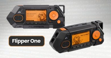 Two views of the Flipper One handheld console with orange circular controls, orange LCD screens, and a black rugged body labeled Flipper One.