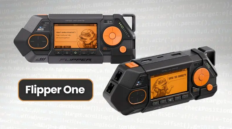 Two views of the Flipper One handheld console with orange circular controls, orange LCD screens, and a black rugged body labeled Flipper One.