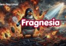 Promotional banner for Zero-Day Linux featuring a penguin in armor amid explosions with the Fragnesia logo.