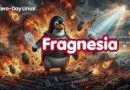 Promotional banner for Zero-Day Linux featuring a penguin in armor amid explosions with the Fragnesia logo.