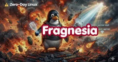 Promotional banner for Zero-Day Linux featuring a penguin in armor amid explosions with the Fragnesia logo.