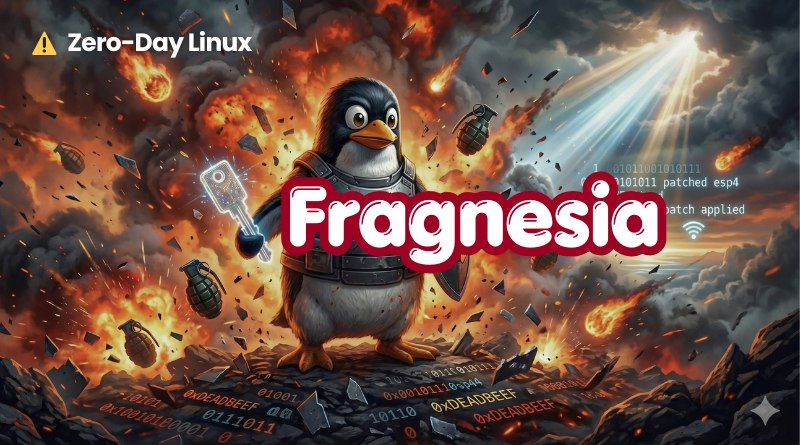 Promotional banner for Zero-Day Linux featuring a penguin in armor amid explosions with the Fragnesia logo.