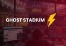 Dark control room with many monitors showing graphs; 'GHOST STADIUM' logo and a yellow lightning bolt.