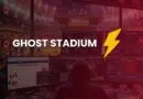 Dark control room with many monitors showing graphs; 'GHOST STADIUM' logo and a yellow lightning bolt.