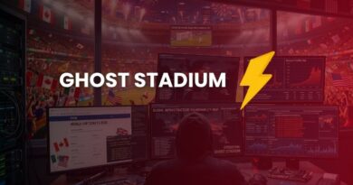 Dark control room with many monitors showing graphs; 'GHOST STADIUM' logo and a yellow lightning bolt.