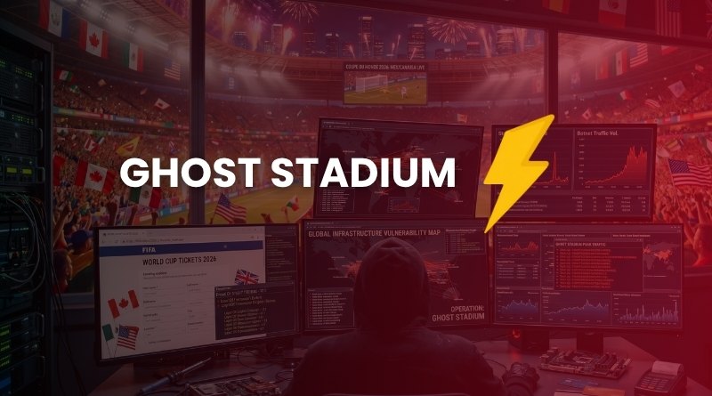 Dark control room with many monitors showing graphs; 'GHOST STADIUM' logo and a yellow lightning bolt.
