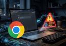 Laptop on a wooden desk with the Chrome logo in the foreground, glowing data streams around the screen, and a neon warning triangle labeled 'Gemini Nano' nearby.
