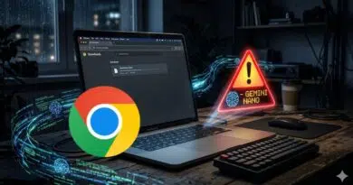 Laptop on a wooden desk with the Chrome logo in the foreground, glowing data streams around the screen, and a neon warning triangle labeled 'Gemini Nano' nearby.