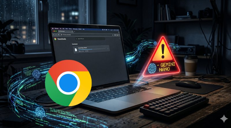 Laptop on a wooden desk with the Chrome logo in the foreground, glowing data streams around the screen, and a neon warning triangle labeled 'Gemini Nano' nearby.