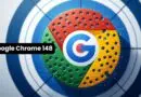 Google Chrome 148 badge over a blue circular target background with dotted perforations on the logo segments.