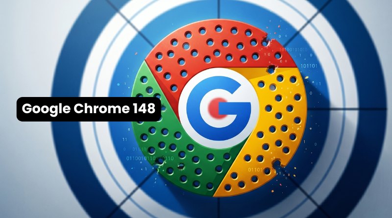 Google Chrome 148 badge over a blue circular target background with dotted perforations on the logo segments.