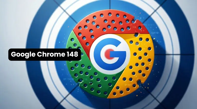 Google Chrome 148 badge over a blue circular target background with dotted perforations on the logo segments.