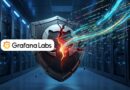 Grafana Labs logo on a cracked shield amid neon servers and streaming code in a high-tech data center.