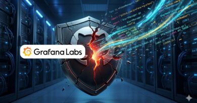 Grafana Labs logo on a cracked shield amid neon servers and streaming code in a high-tech data center.
