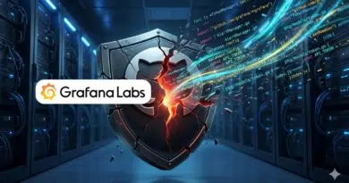 Grafana Labs logo on a cracked shield amid neon servers and streaming code in a high-tech data center.