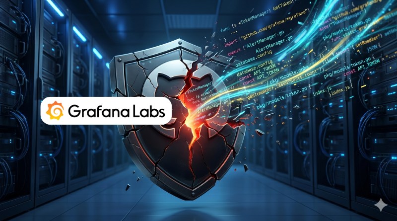Grafana Labs logo on a cracked shield amid neon servers and streaming code in a high-tech data center.