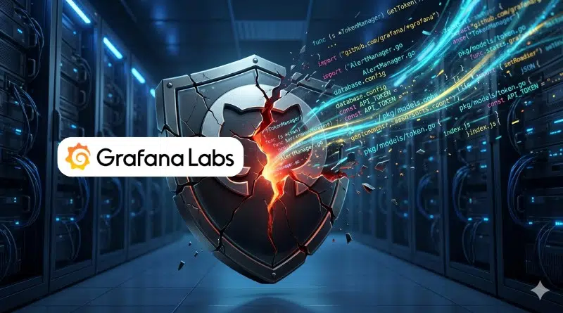Grafana Labs logo on a cracked shield amid neon servers and streaming code in a high-tech data center.