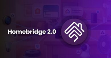 Homebridge 2.0 branding with a white home-shaped logo on a purple circular badge against a smart‑home background