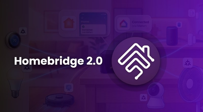Homebridge 2.0 branding with a white home-shaped logo on a purple circular badge against a smart‑home background