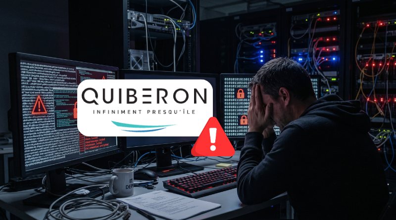 Man sits at a cluttered desk in a server room, hands on face as monitors show code and warning icons with a Quiberon logo overlay. They appear stressed by a cybersecurity alert.