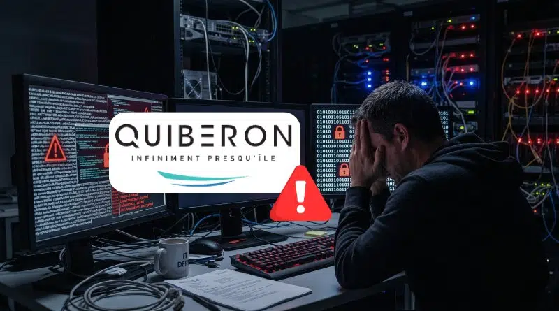 Man sits at a cluttered desk in a server room, hands on face as monitors show code and warning icons with a Quiberon logo overlay. They appear stressed by a cybersecurity alert.