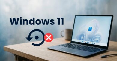 Laptop on a wooden desk displaying Windows 11 wallpaper, with a large Windows 11 text and a circular refresh icon accompanied by a red X, implying an error or failure