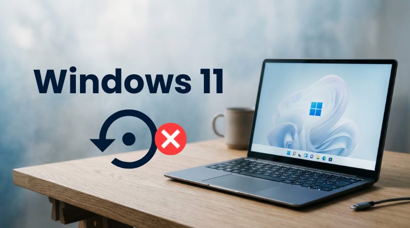 Laptop on a wooden desk displaying Windows 11 wallpaper, with a large Windows 11 text and a circular refresh icon accompanied by a red X, implying an error or failure