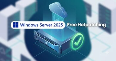 Promotional banner for Windows Server 2025 Free Hotpatching with a server rack and cloud icon.