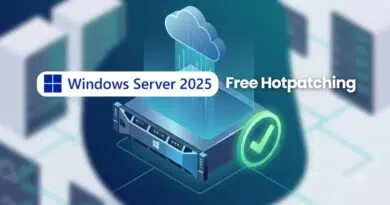 Promotional banner for Windows Server 2025 Free Hotpatching with a server rack and cloud icon.