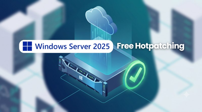 Promotional banner for Windows Server 2025 Free Hotpatching with a server rack and cloud icon.