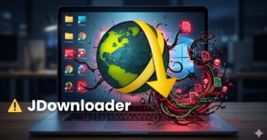 Laptop open to a glowing globe with a large yellow download arrow wrapping around it, tangled in red cables, with 'JDownloader' text in the foreground on a dark desk backdrop.