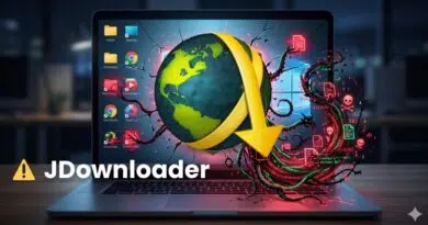 Laptop open to a glowing globe with a large yellow download arrow wrapping around it, tangled in red cables, with 'JDownloader' text in the foreground on a dark desk backdrop.