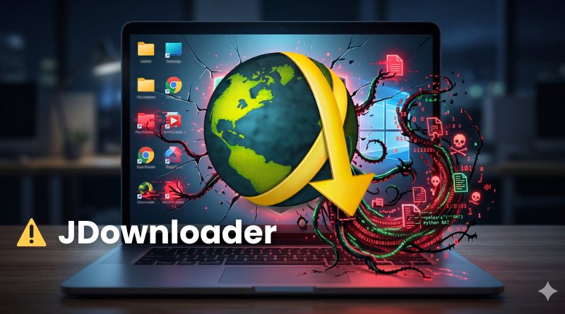 Laptop open to a glowing globe with a large yellow download arrow wrapping around it, tangled in red cables, with 'JDownloader' text in the foreground on a dark desk backdrop.