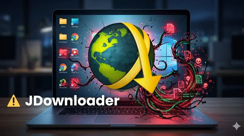 Laptop open to a glowing globe with a large yellow download arrow wrapping around it, tangled in red cables, with 'JDownloader' text in the foreground on a dark desk backdrop.