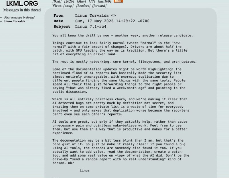Linus Torvalds - Alerte IA en mai 2026
