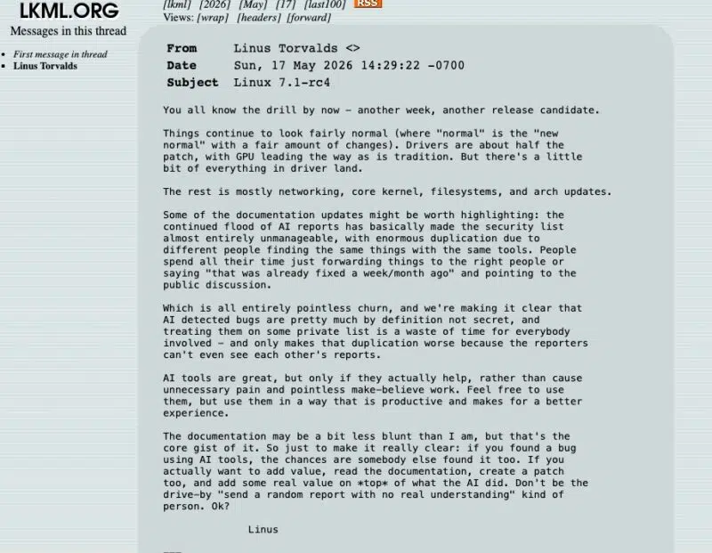 Linus Torvalds - Alerte IA en mai 2026