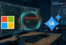 Dark data-lab scene with code on a widescreen monitor, Windows tile logo, a glowing magnifying-glass hologram, and a blue IA emblem in the foreground.