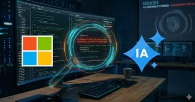 Dark data-lab scene with code on a widescreen monitor, Windows tile logo, a glowing magnifying-glass hologram, and a blue IA emblem in the foreground.