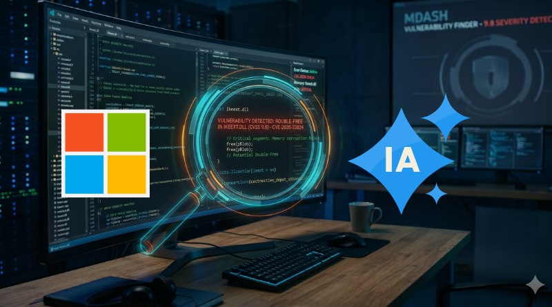 Dark data-lab scene with code on a widescreen monitor, Windows tile logo, a glowing magnifying-glass hologram, and a blue IA emblem in the foreground.