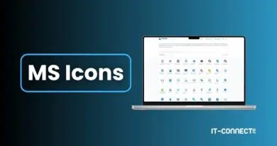 MS Icons brand logo with a blue rounded rectangle, plus a laptop displaying a grid of office icons on a blue gradient background (IT-CONNECT)