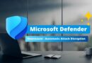 Microsoft Defender promotional banner with blue shield logo and French text about 'Nouveauté: Automatic Attack Disruption'.