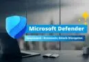 Microsoft Defender promotional banner with blue shield logo and French text about 'Nouveauté: Automatic Attack Disruption'.