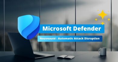 Microsoft Defender promotional banner with blue shield logo and French text about 'Nouveauté: Automatic Attack Disruption'.