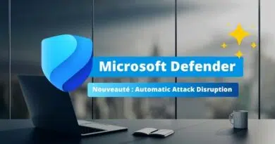 Microsoft Defender promotional banner with blue shield logo and French text about 'Nouveauté: Automatic Attack Disruption'.