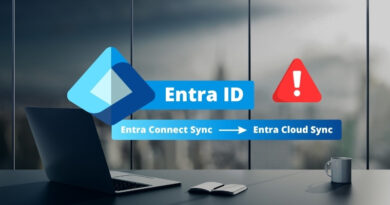 Entra ID branding with a blue banner reading 'Entra ID' and a secondary bar 'Entra Connect Sync → Entra Cloud Sync' on a modern office desk setup with a laptop and mug in the background, plus a red warning icon.