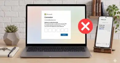 Microsoft to End SMS Codes for Personal Account Sign-Ins Laptop shows a fake Microsoft sign-in with a security code entry and a red X, indicating a blocked login; a phone on a stand displays a code SMS beside it.