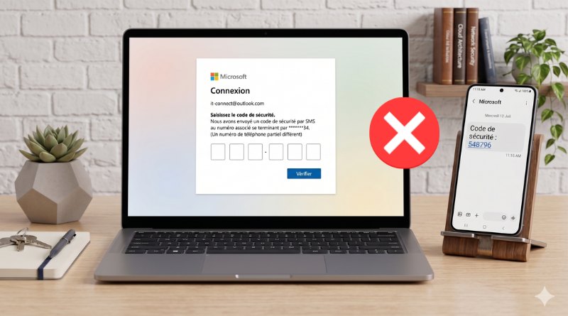 Laptop shows a fake Microsoft sign-in with a security code entry and a red X, indicating a blocked login; a phone on a stand displays a code SMS beside it.